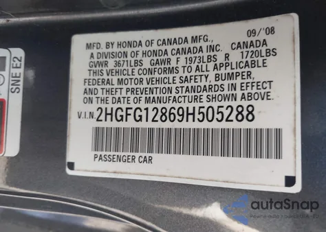 2009 Honda Civic Ex из США, поврежденный, VIN 2HGFG12869H505288